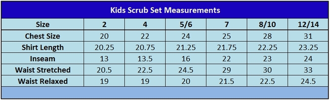 Kids Scrub Sets Size Chart