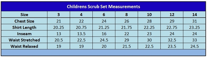 Kids Scrub Set Size Chart